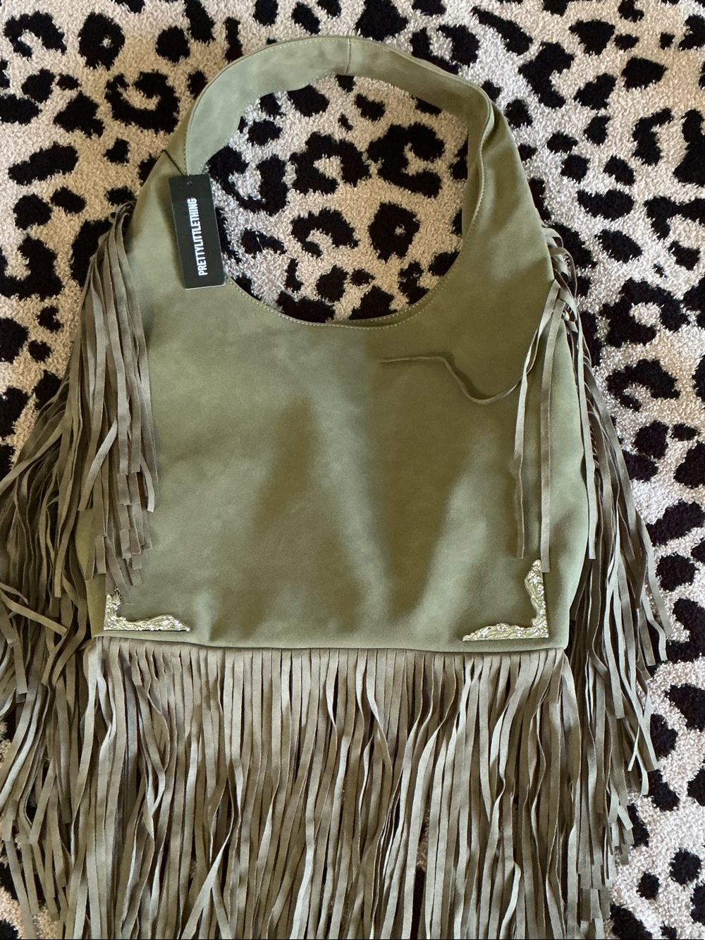 PRETTY LITTLE THING Olive Suede Fringe Shoulder Bag with Metallic Corner Accents